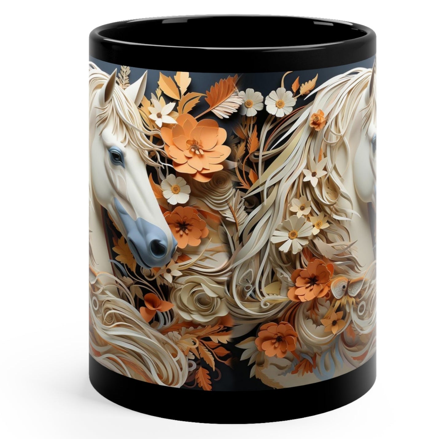 Glossy black ceramic mug featuring a white horse with a flowing floral mane surrounded by orange and cream flowers. 11oz, microwave and dishwasher safe.