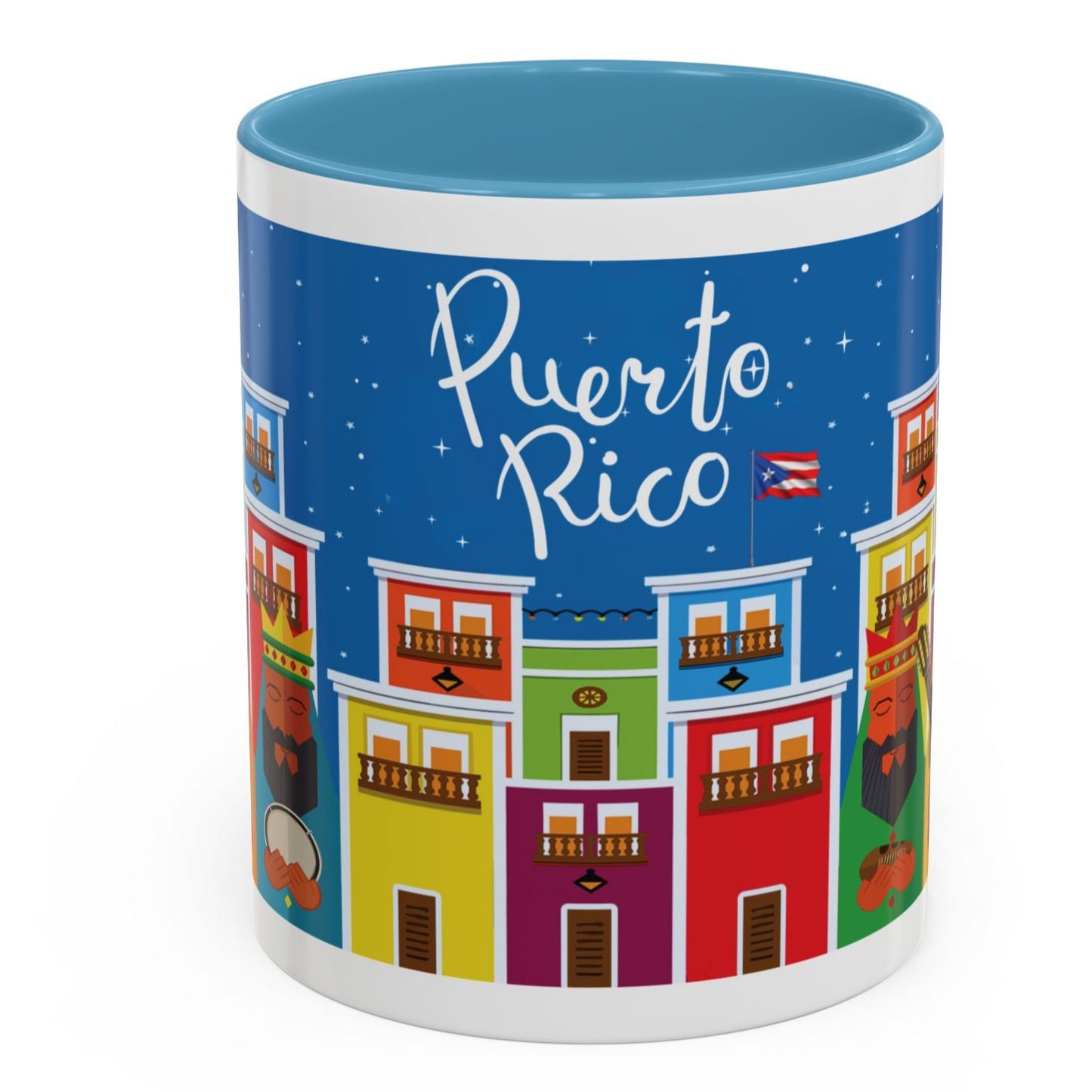 THREE KINGS IN OLD SAN JUAN COFFEE MUG TAZA TRES REYES MAGOS EN SAN JUAN. ASA E INTERIOR AZUL. BLUE ACCENTS.