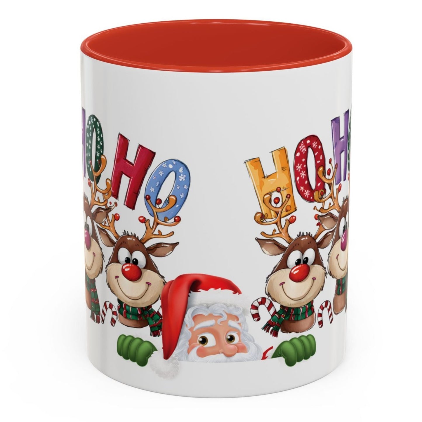 Christmas mug with Santa Claus, smiling reindeer, and colorful HO HO HO holiday letters.