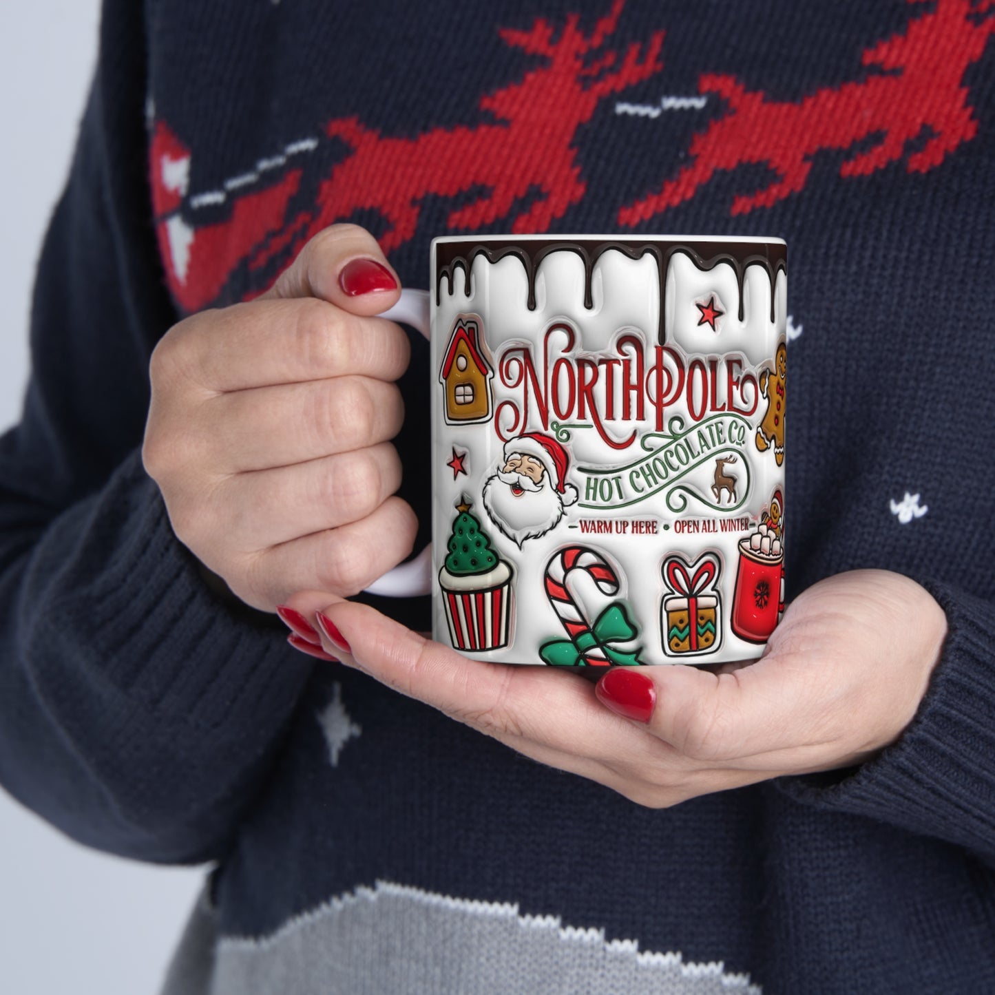 Christmas mug with North Pole Hot Chocolate Co. design, Santa, gingerbread, cocoa and candy canes