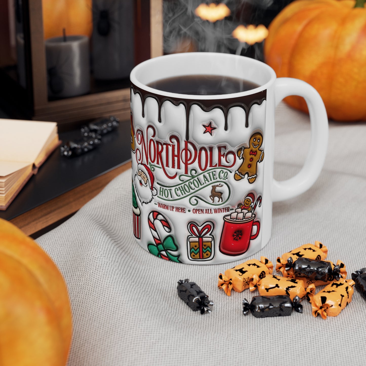 Christmas mug with North Pole Hot Chocolate Co. design, Santa, gingerbread, cocoa and candy canes