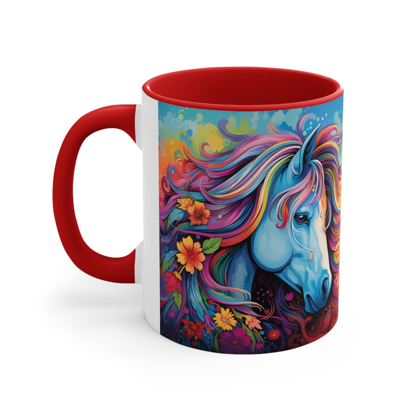 Bright ceramic mug featuring a blue horse with a multicolored rainbow mane, surrounded by flowers. Available in various accent colors. 11oz.