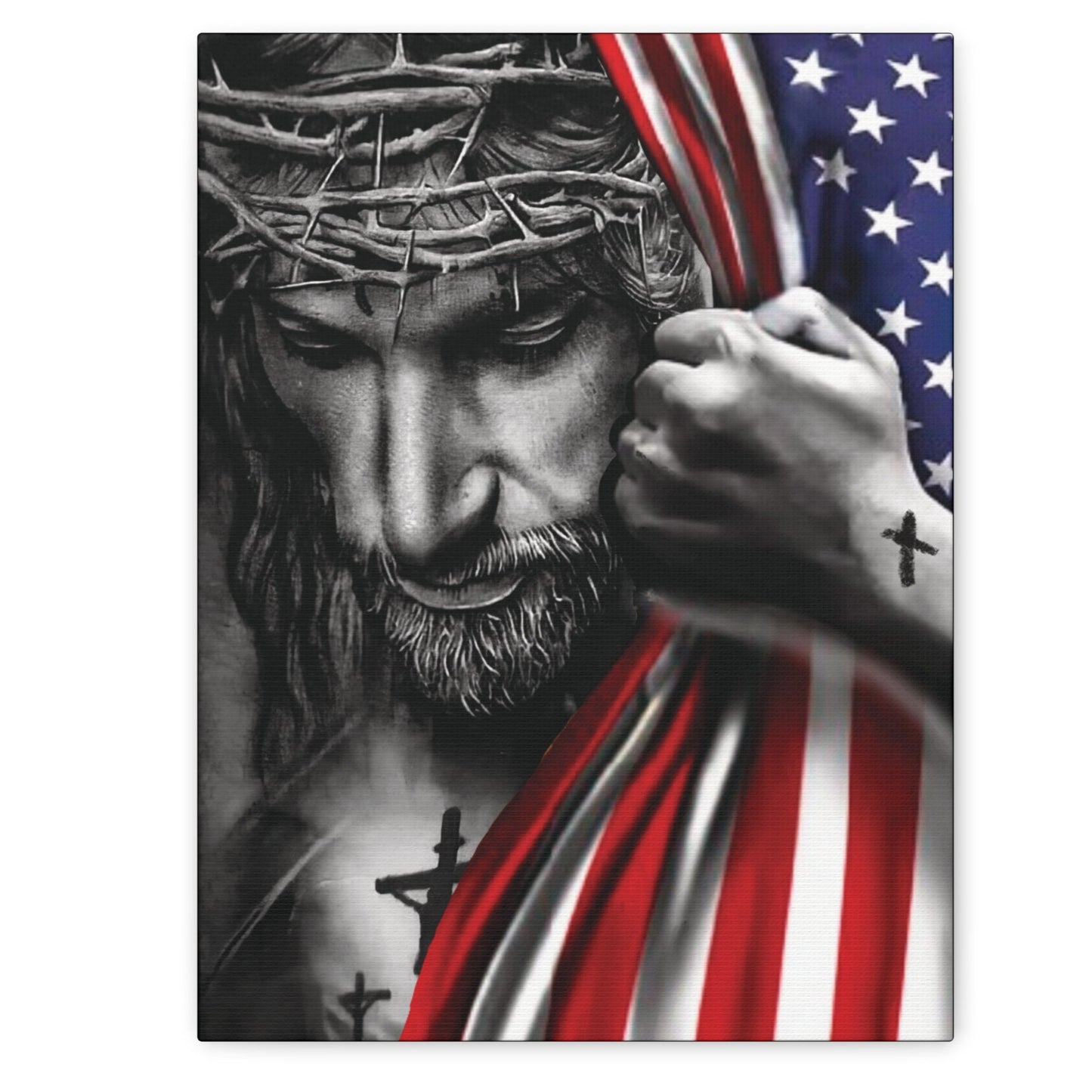 Jesus with crown of thorns pulling American flag to reveal cross – Canvas art 12x16 or 16x20 by Mugscity