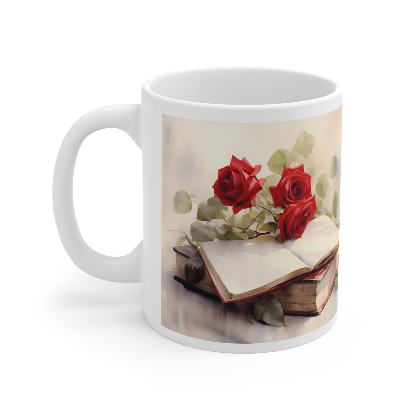 ROSES AND BOOKS (ANTIQUE LOOK) MUG - WHITE - MUGSCITY - Free Shipping