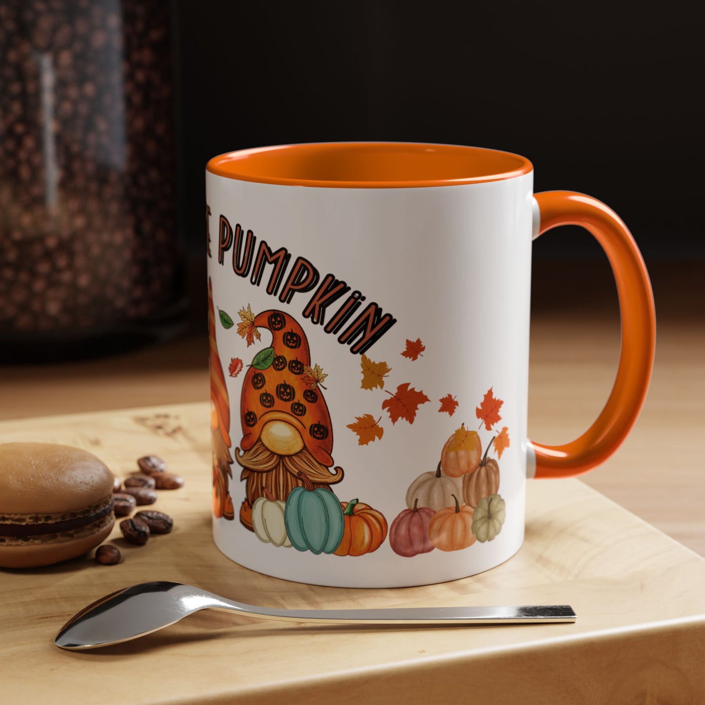Hey There Pumpkin mug with three fall gnomes, colorful pumpkins, scattered autumn leaves, and vibrant seasonal design – 11oz ceramic by MUGSCITY23
