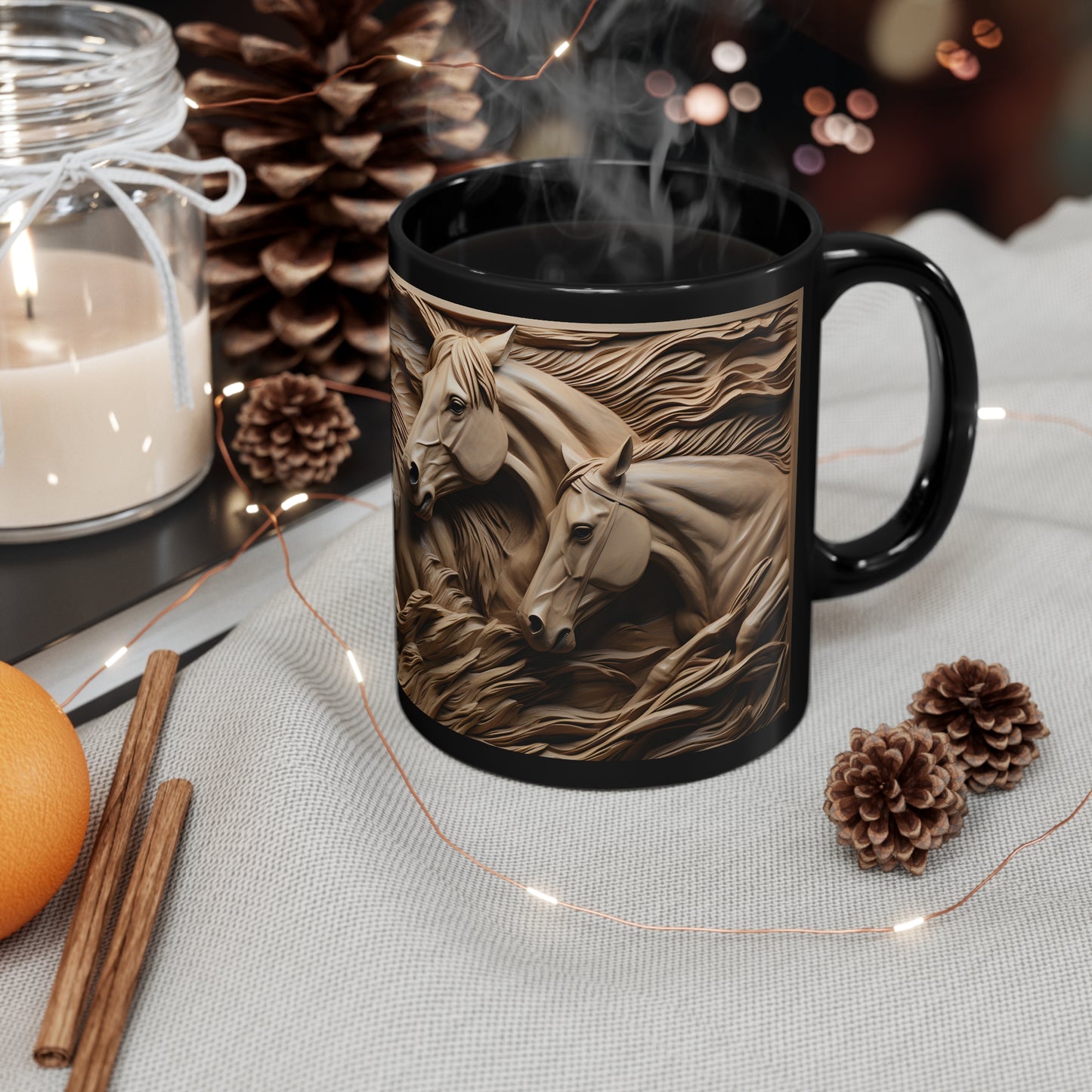 Black ceramic mug featuring a detailed sculpted-style design of wild horses in motion, with flowing textures and natural tones. 11oz, microwave and dishwasher safe.