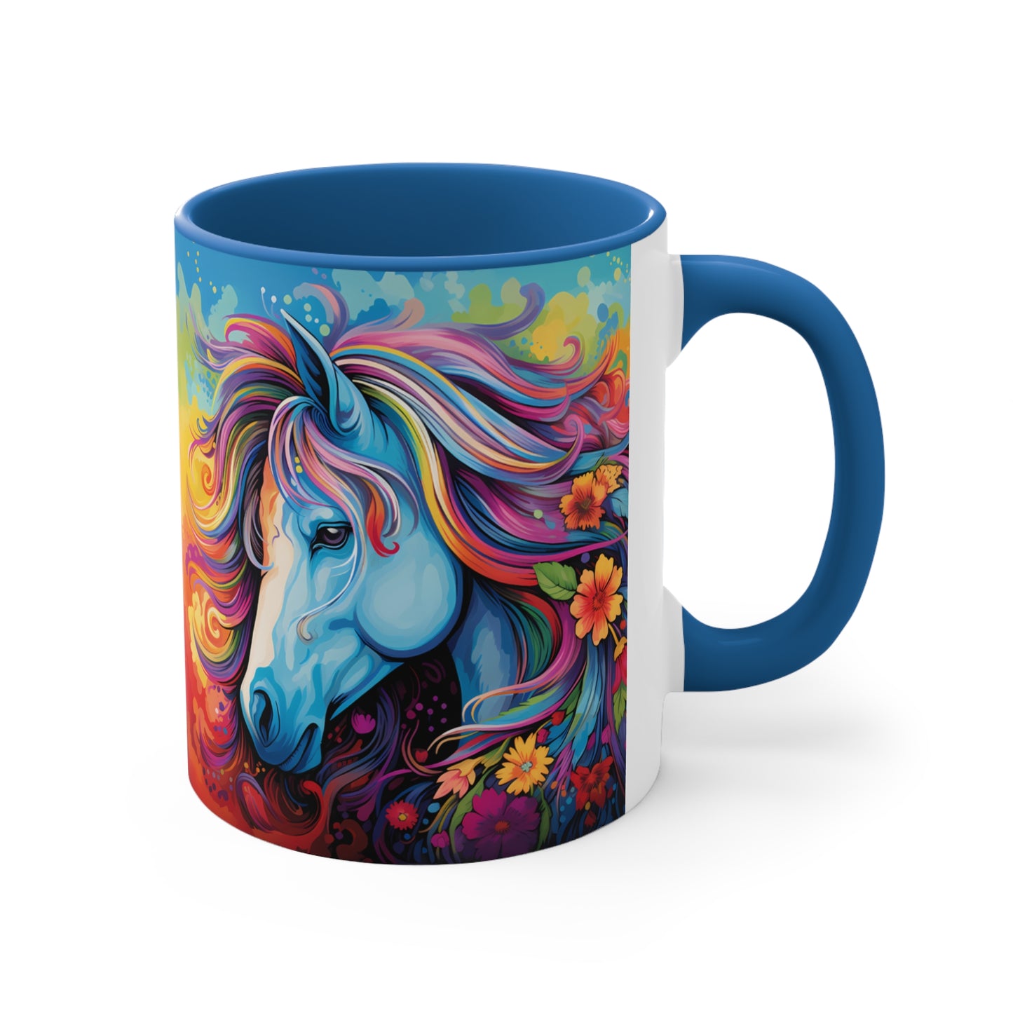 Bright ceramic mug featuring a blue horse with a multicolored rainbow mane, surrounded by flowers. Available in various accent colors. 11oz.