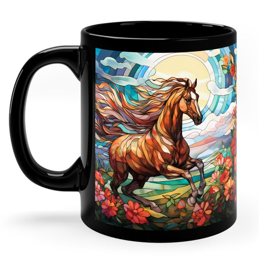 Glossy black ceramic mug featuring a stained glass-style horse with flowing mane and vibrant background of flowers, sun, and sky. 11oz, microwave and dishwasher safe.