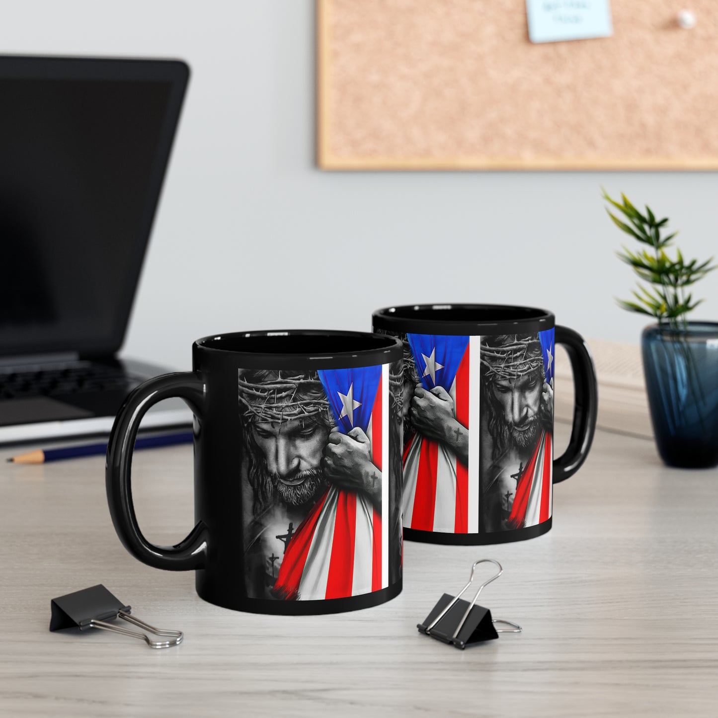 JESUS HUGGING PUERTO RICAN FLAG MUG (GLOSSY BLACK) - MUGSCITY - Free Shipping