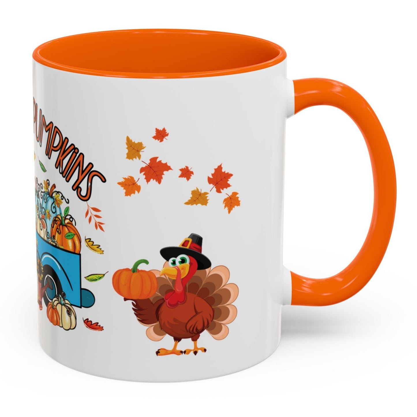 Farm Fresh Pumpkins mug with blue vintage truck full of pumpkins, Thanksgiving turkey, pilgrim boy, and autumn leaves – 11oz ceramic fall cup by MUGSCITY23