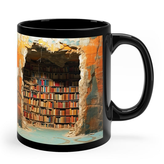 BOOKSHELF CAVE MUG - 3D LIBRARY BEHIND CRACKED WALL | MUGSCITY 23