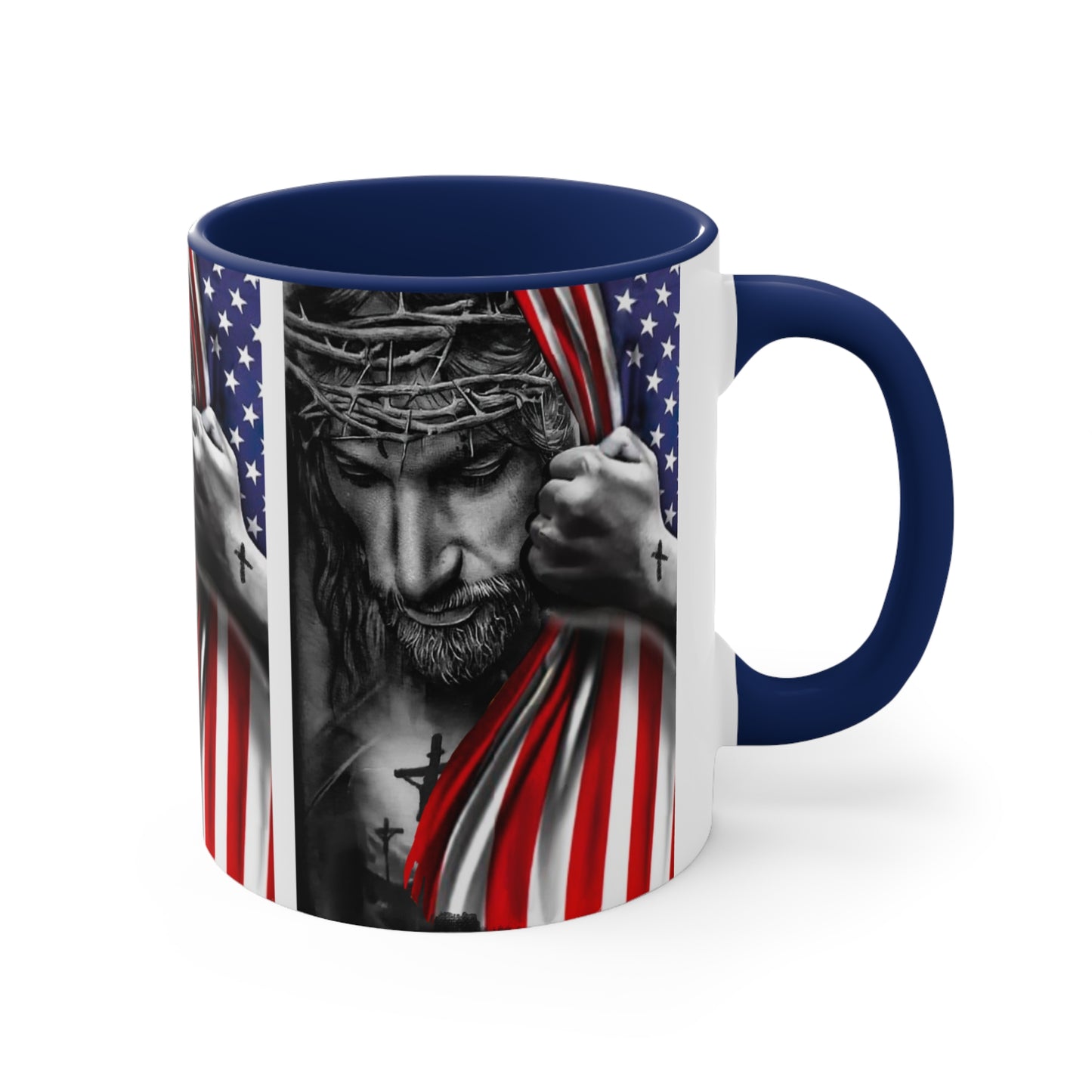 JESUS HUGGING USA FLAG MUG - Red- Navy-Black Accents - MUGSCITY - Free Shipping