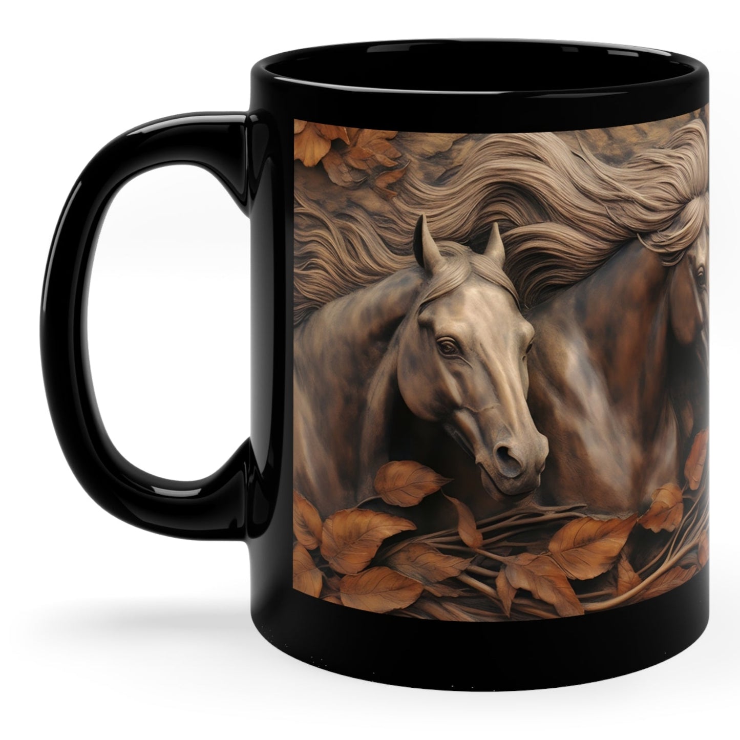 Glossy black ceramic mug with three sculpted-style horses in warm brown tones surrounded by swirling autumn leaves. 11oz, microwave and dishwasher safe.