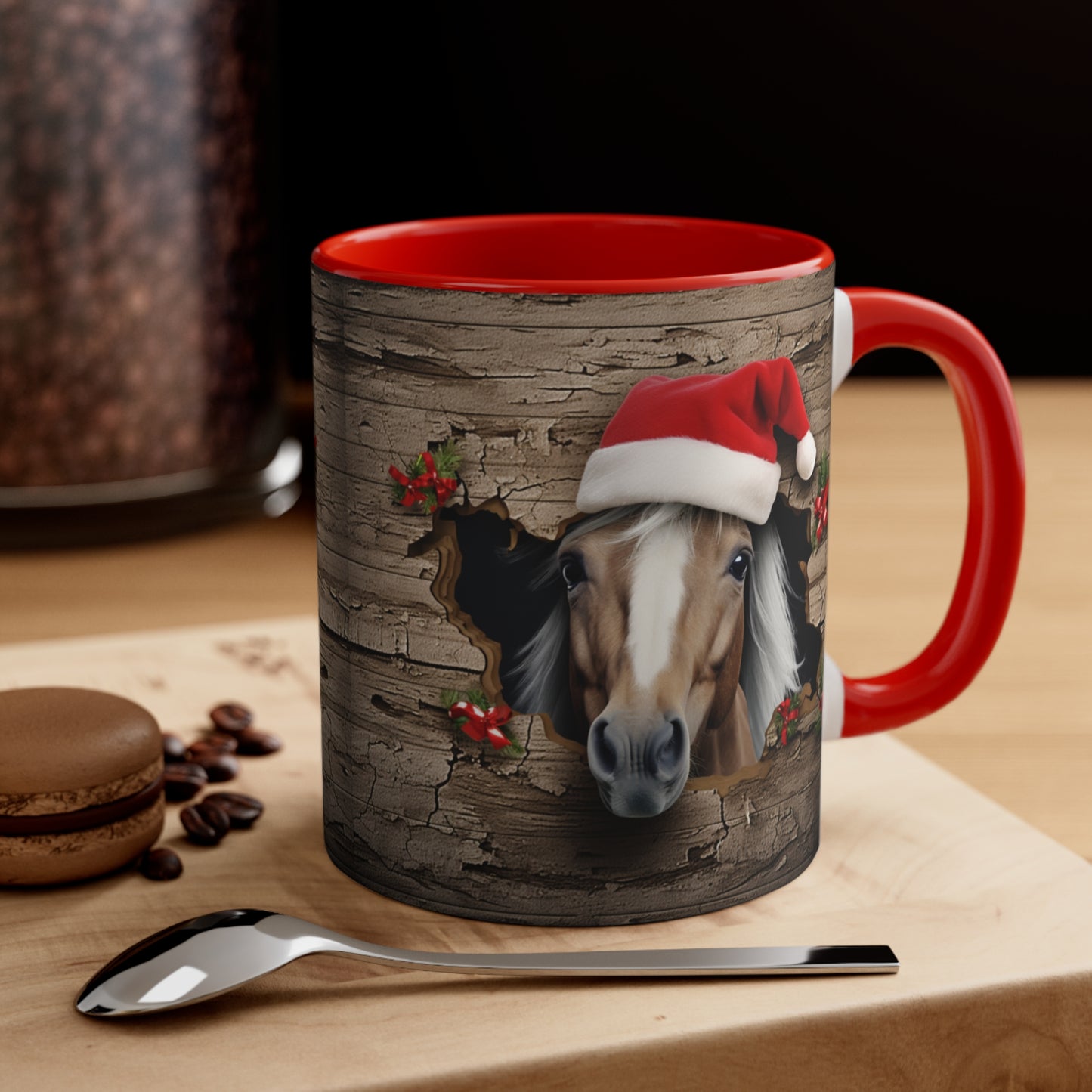 Festive ceramic mug with red handle, featuring a cute horse wearing a Santa hat peeking through rustic wood. 11oz, microwave and dishwasher safe.