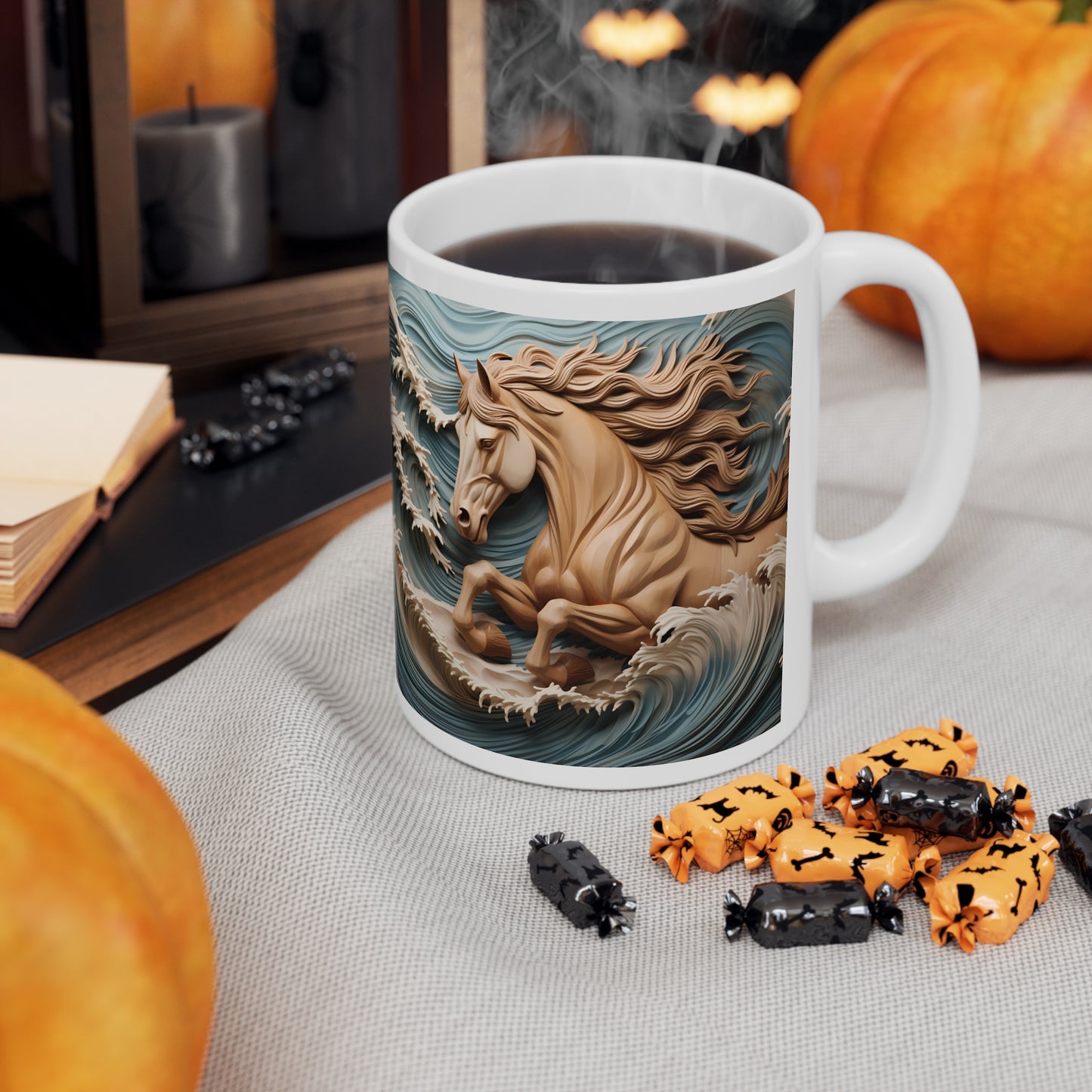White ceramic mug featuring a sculpted-style tan horse galloping through ocean waves with flowing mane. 11oz, microwave and dishwasher safe.