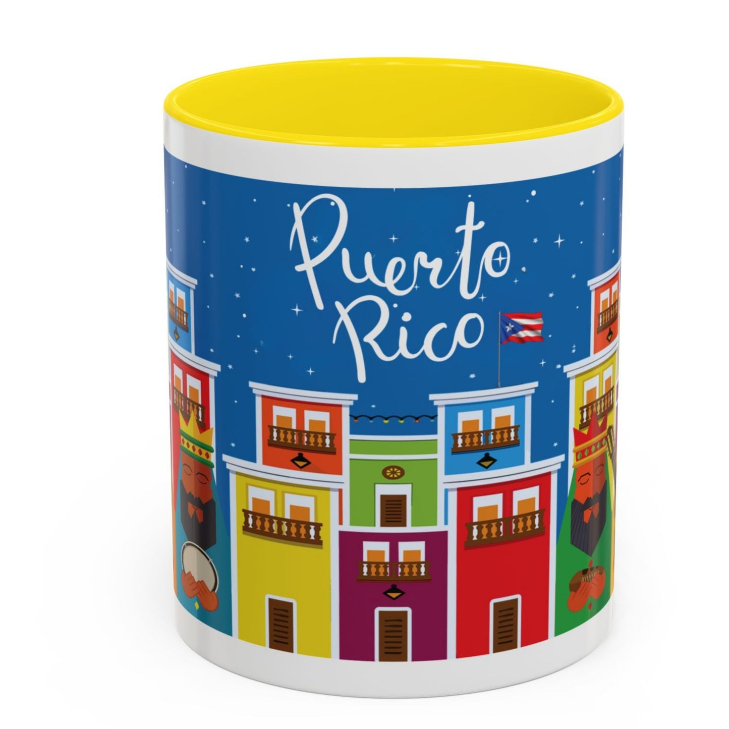 THREE KINGS IN OLD SAN JUAN COFFEE MUG TAZA TRES REYES MAGOS EN SAN JUAN. ASA E INTERIOR AMARILLO. YELLOW ACCENTS.