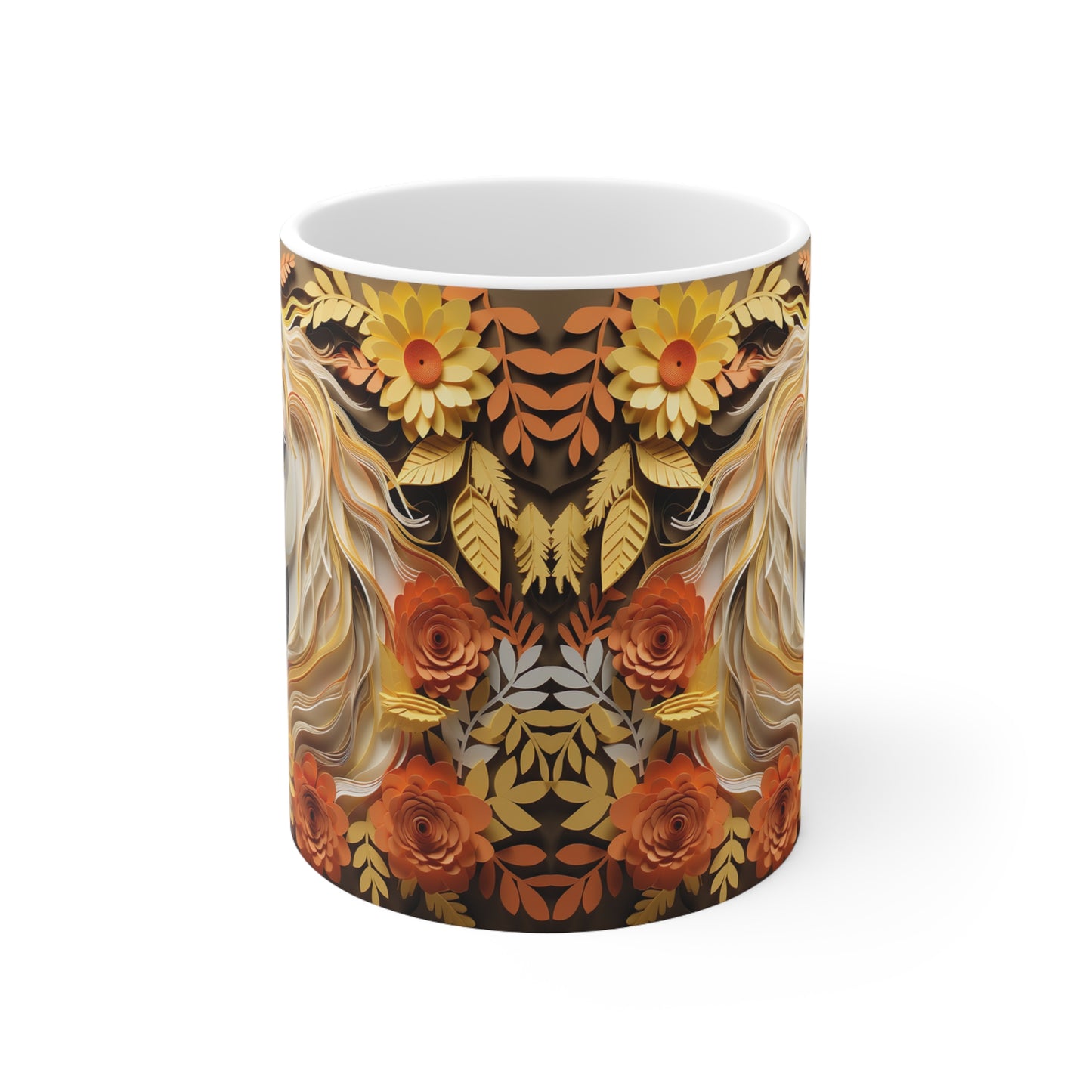 White ceramic mug featuring a sculpted-style white horse with golden mane surrounded by orange, yellow, and brown fall flowers and leaves. 11oz, microwave and dishwasher safe.