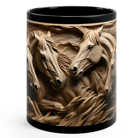 Black ceramic mug featuring a detailed sculpted-style design of wild horses in motion, with flowing textures and natural tones. 11oz, microwave and dishwasher safe.