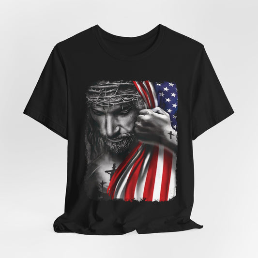 JESUS WITH UNITED STATES FLAG UNISEX T-SHIRT