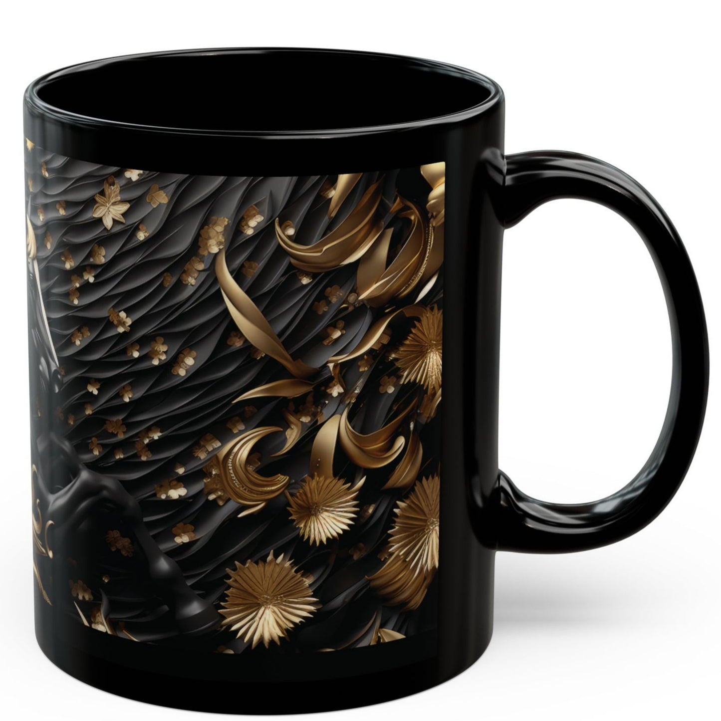 Luxurious black ceramic mug featuring a stunning black and gold horse design. 11oz, microwave and dishwasher safe, perfect for horse lovers.
