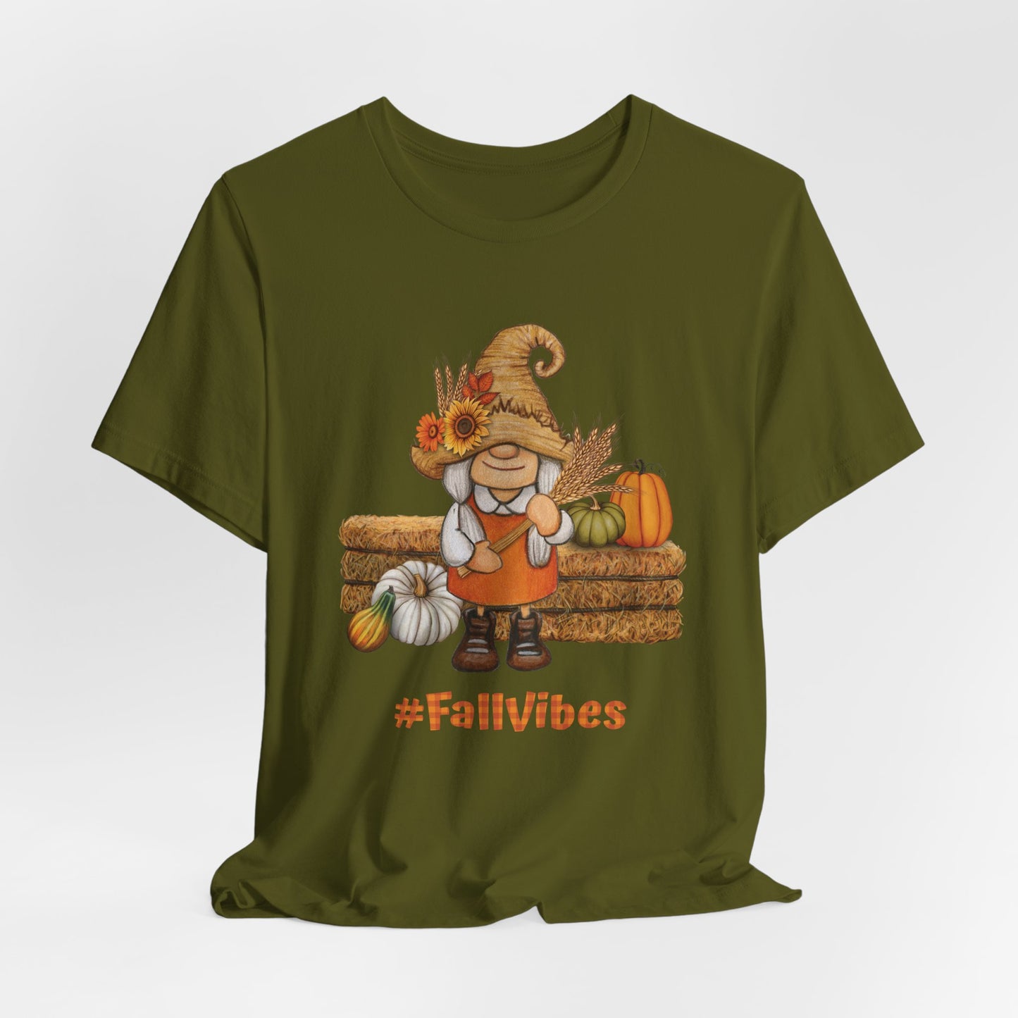 Cute Fall Gnome Shirt with pumpkins, sunflowers, and #FallVibes on soft unisex olive T-shirt – autumn season design