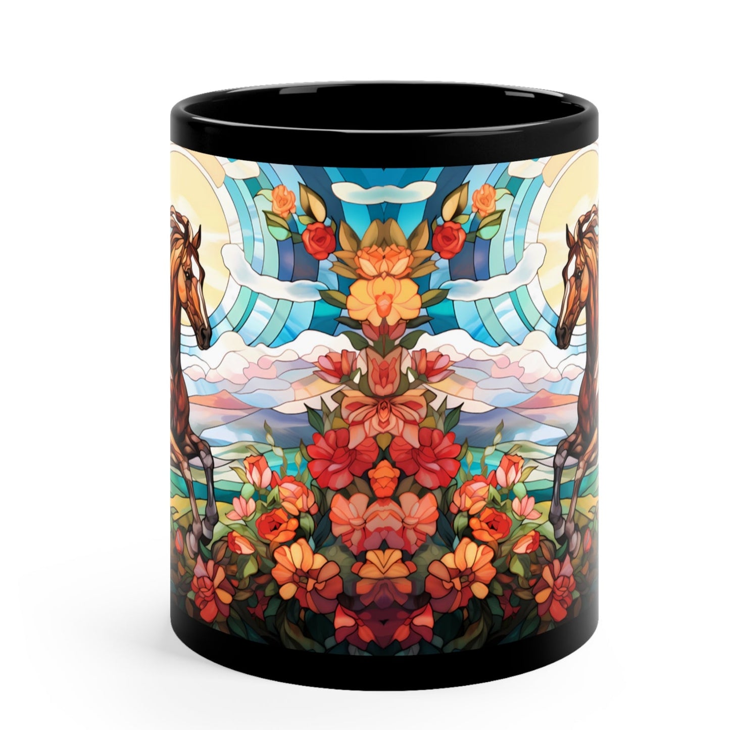 Glossy black ceramic mug featuring a stained glass-style horse with flowing mane and vibrant background of flowers, sun, and sky. 11oz, microwave and dishwasher safe.
