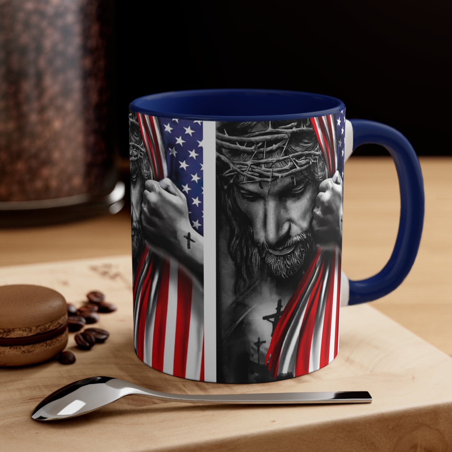 JESUS HUGGING USA FLAG MUG - Red- Navy-Black Accents - MUGSCITY - Free Shipping