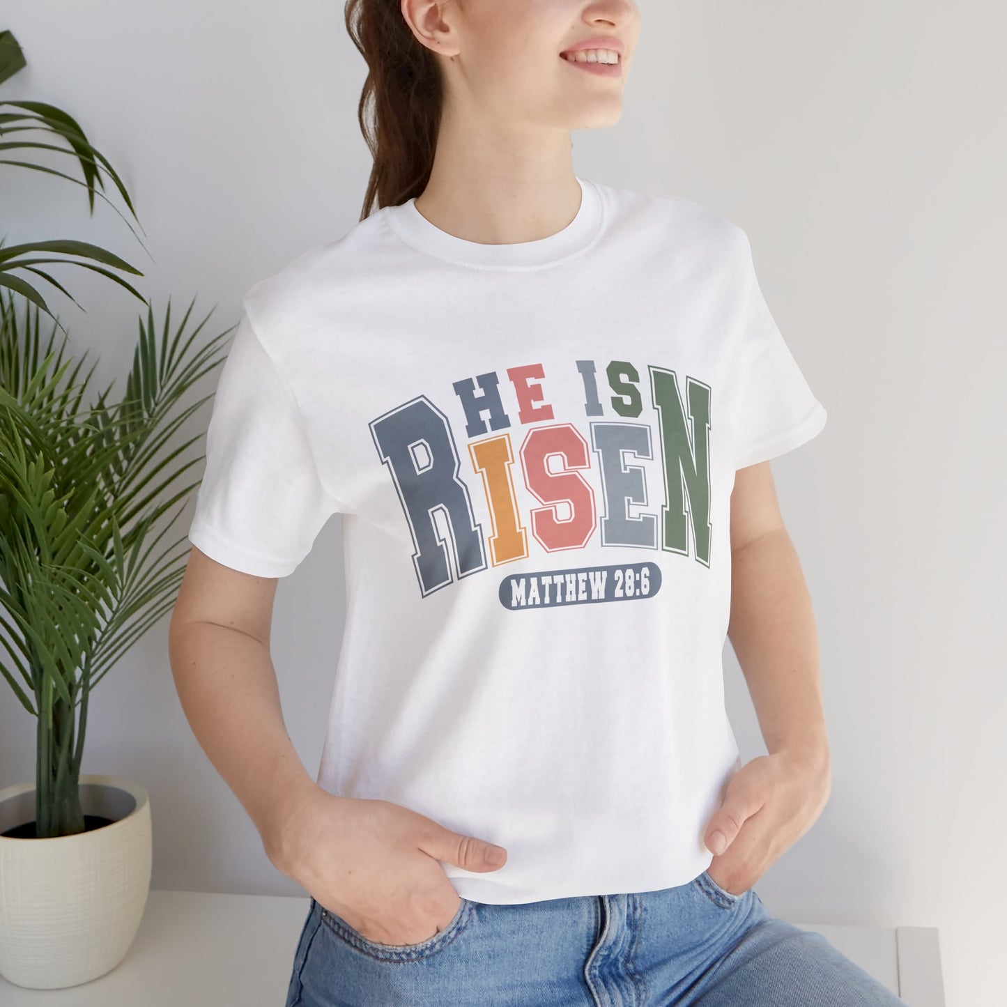 HE IS RISEN White Unisex Tee Matthew 28:6 Shirt Free Shipping