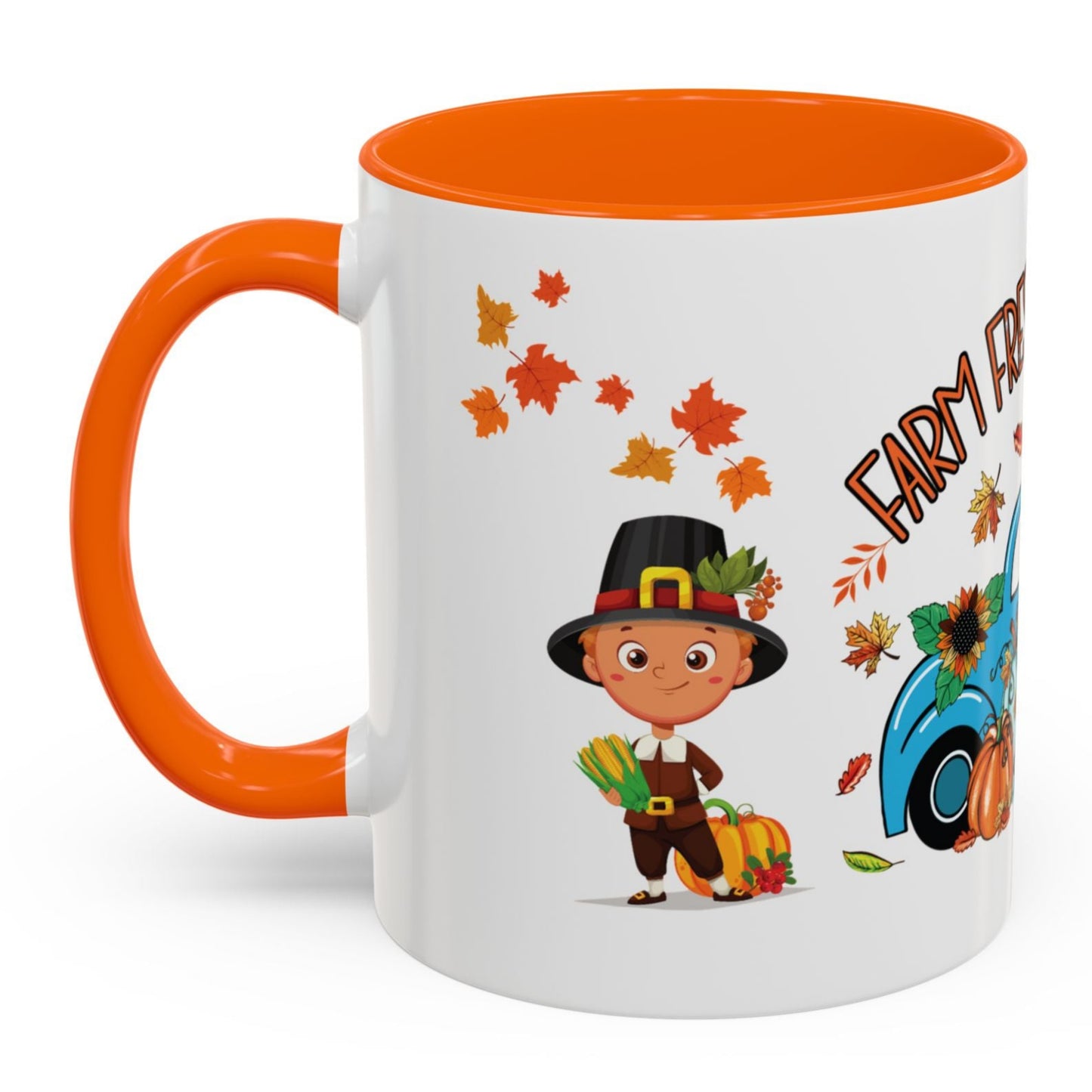 Farm Fresh Pumpkins mug with blue vintage truck full of pumpkins, Thanksgiving turkey, pilgrim boy, and autumn leaves – 11oz ceramic fall cup by MUGSCITY23