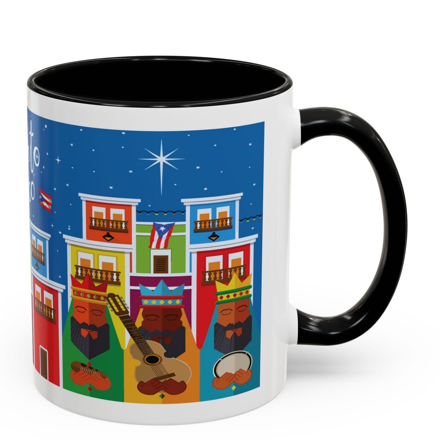 THREE KINGS IN OLD SAN JUAN COFFEE MUG TAZA TRES REYES MAGOS EN SAN JUAN. ASA E INTERIOR NEGRO. BLACK ACCENTS.