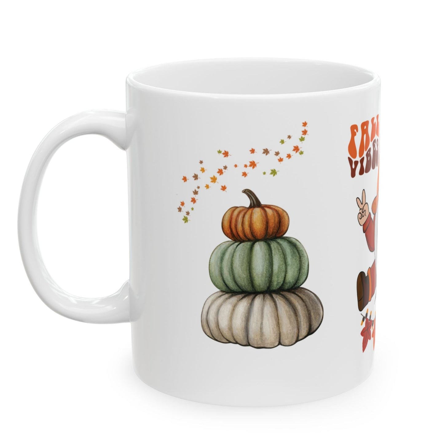 Fall Vibes mug with autumn gnome, stacked pumpkins, falling leaves, and soft 3D look – 11oz ceramic cup by MUGSCITY23