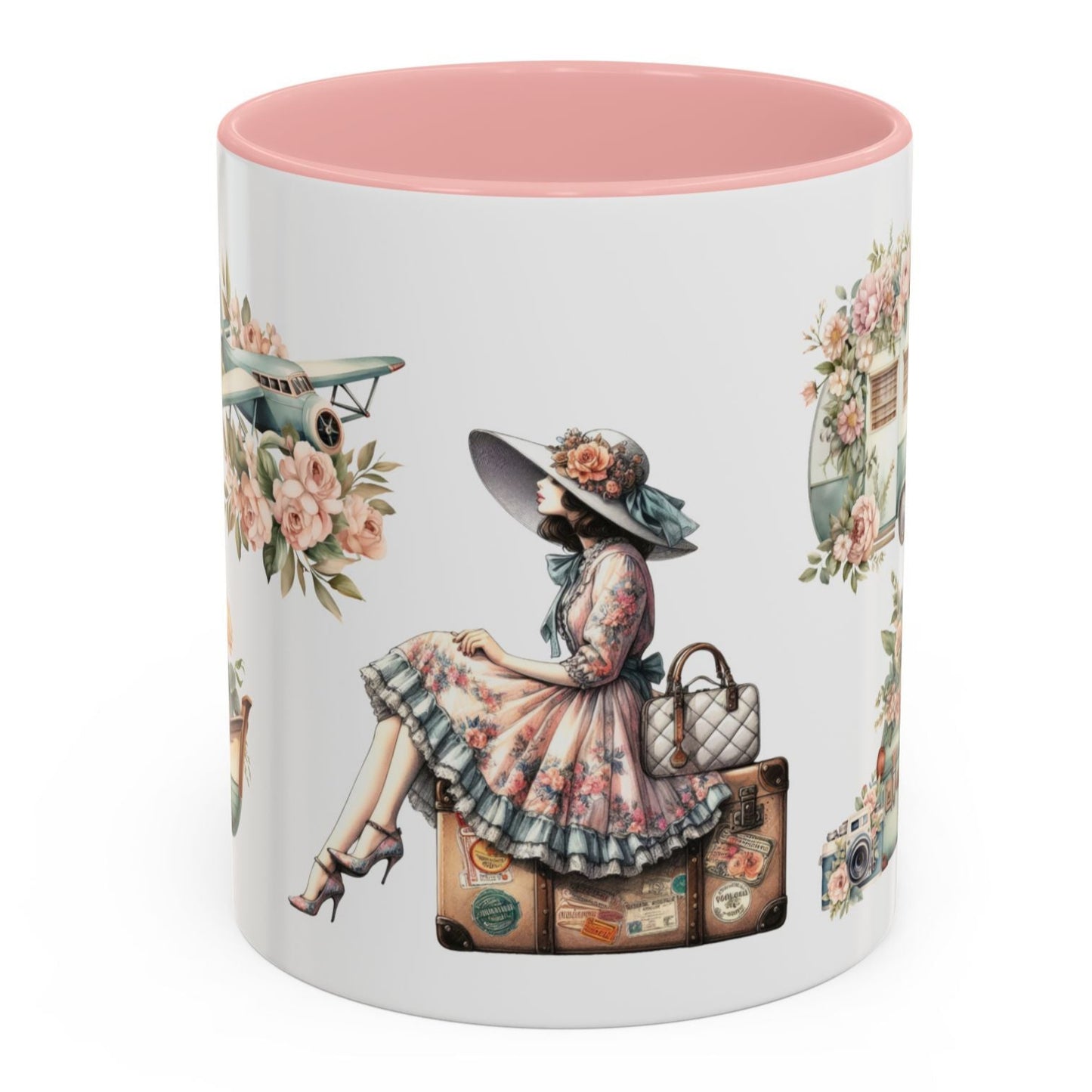 vintage floral travel mug with woman, suitcase, airplane and camper