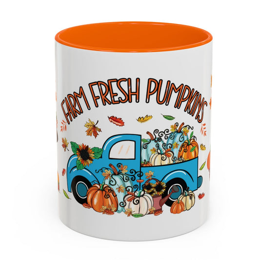 Farm Fresh Pumpkins mug with blue vintage truck full of pumpkins, Thanksgiving turkey, pilgrim boy, and autumn leaves – 11oz ceramic fall cup by MUGSCITY23