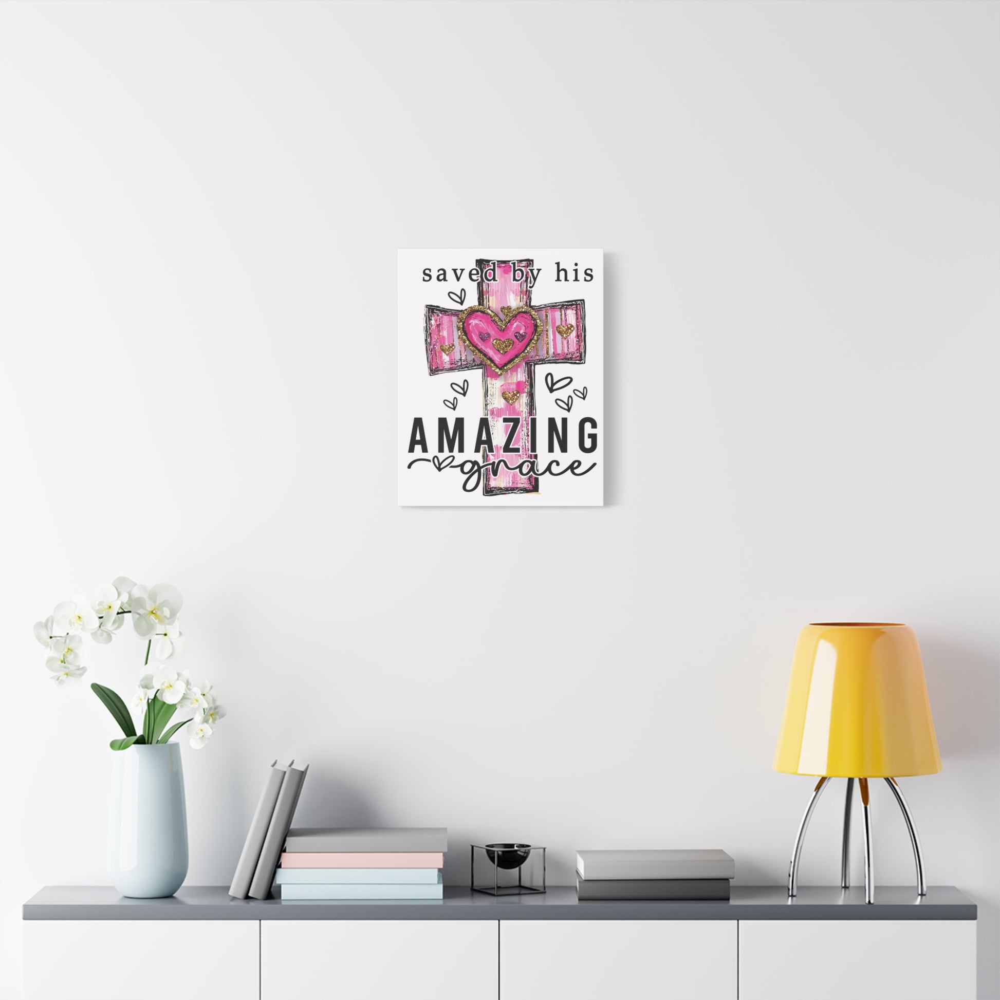Christian canvas with pink cross, hearts, and text "Saved by His Amazing Grace" – 12x16 or 16x20 by Mugscity