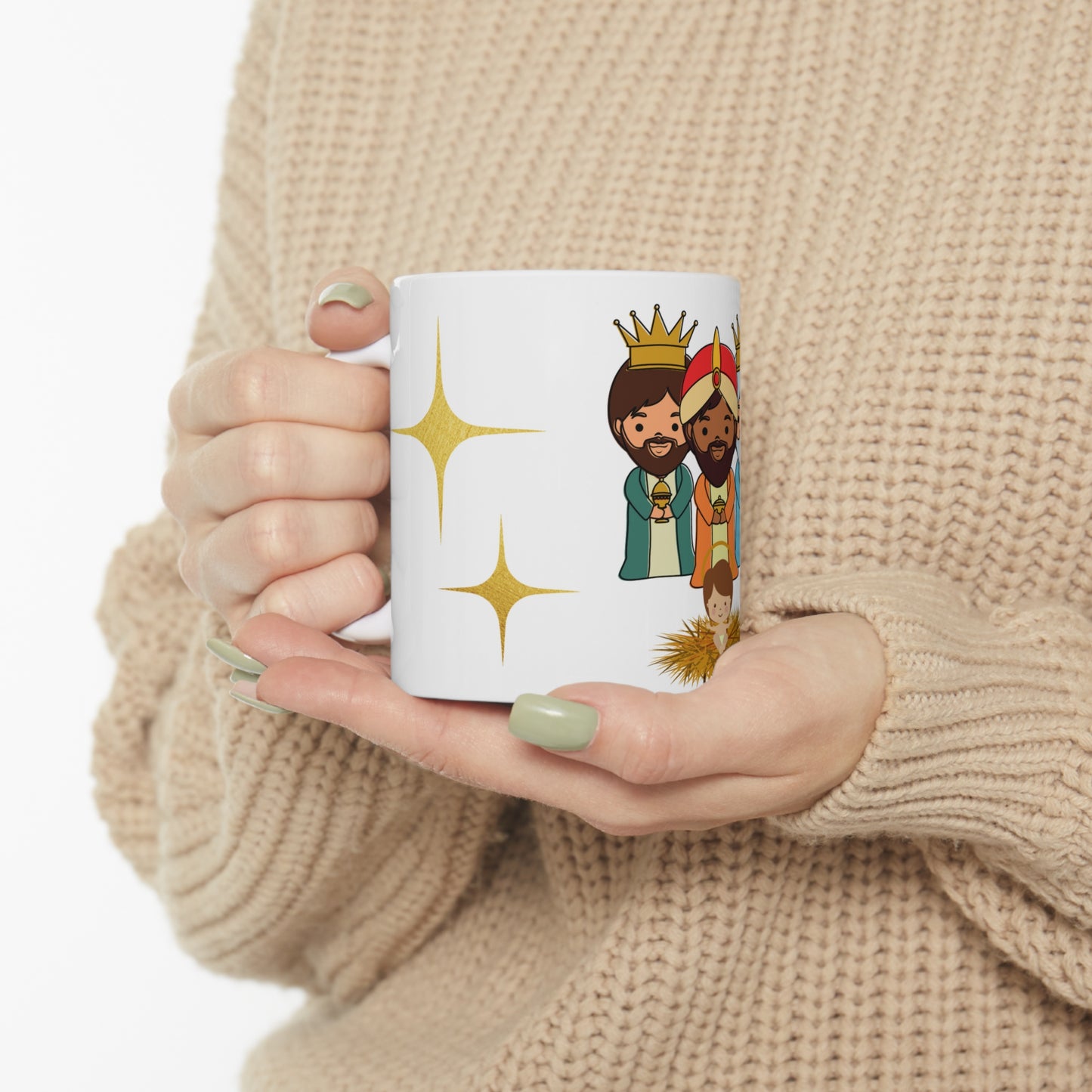 Cute Christmas mug with cartoon Three Kings and baby Jesus in manger