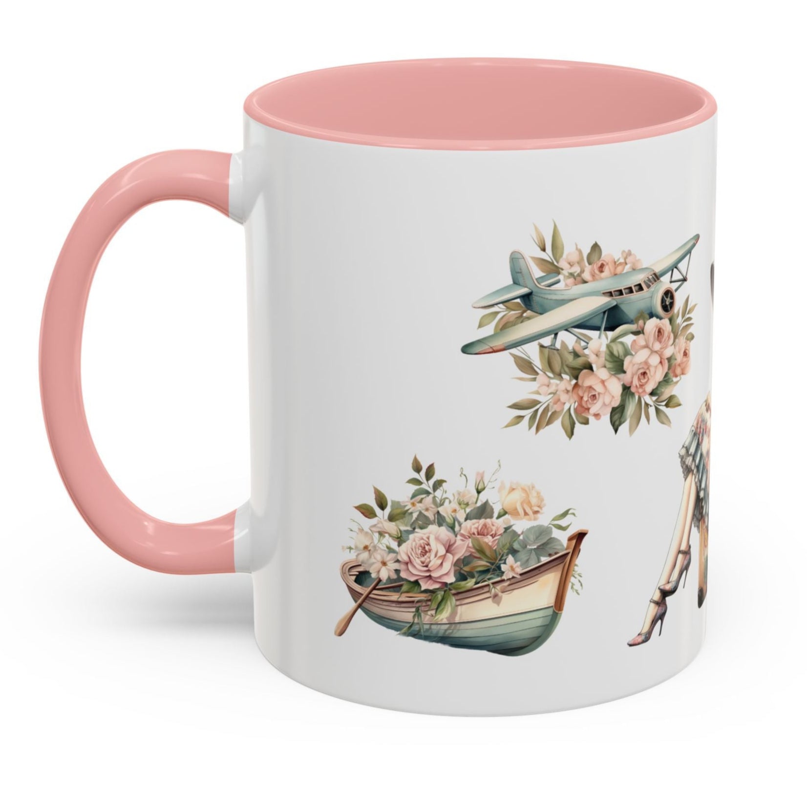vintage floral travel mug with woman, suitcase, airplane and camper
