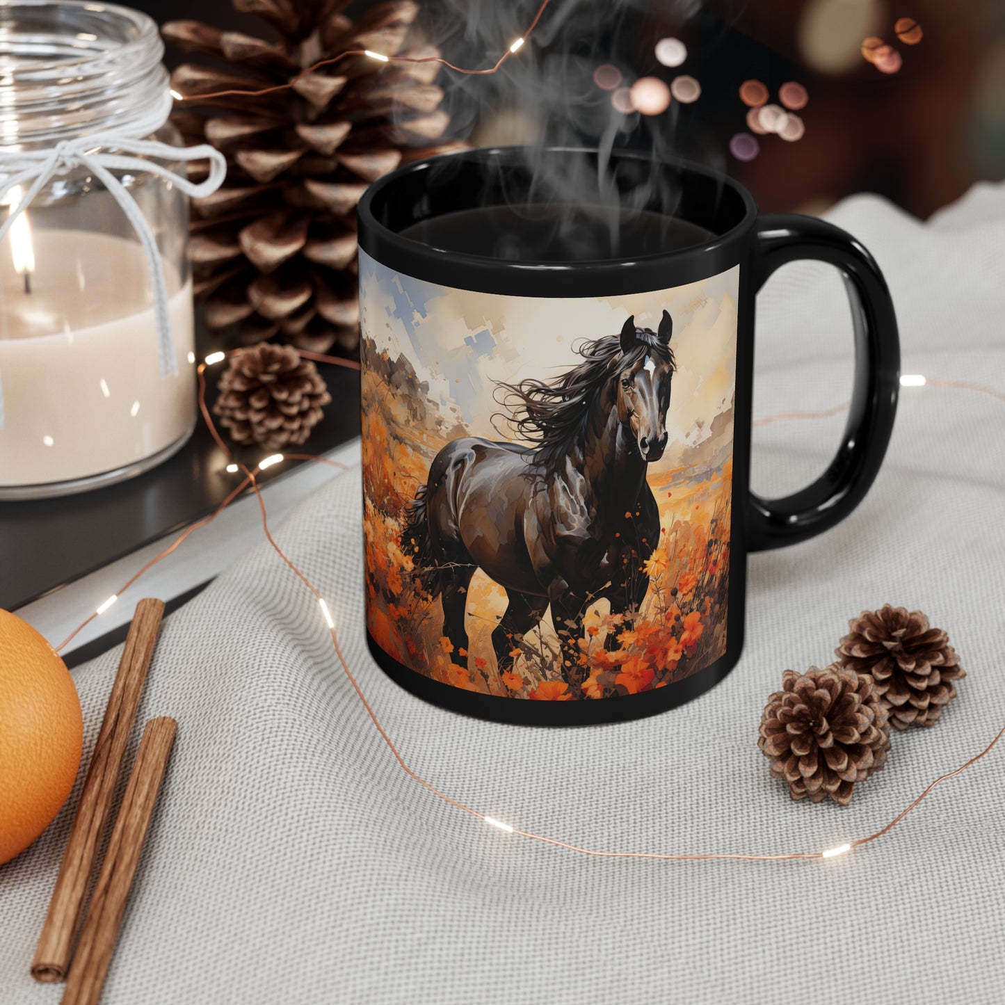 Glossy black ceramic mug featuring a powerful black horse running through a vibrant orange wildflower field. 11oz, microwave and dishwasher safe.
