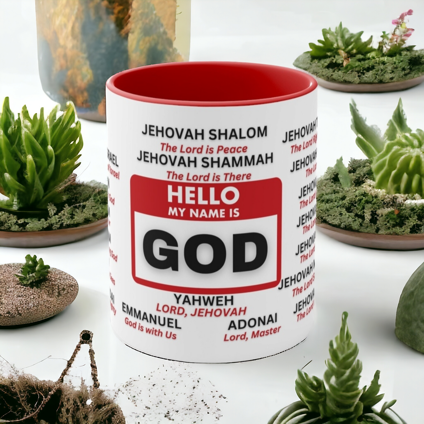 21 Names of God Christian Mug – Jehovah, Yahweh, Adonai - Red Accent - Mugscity23