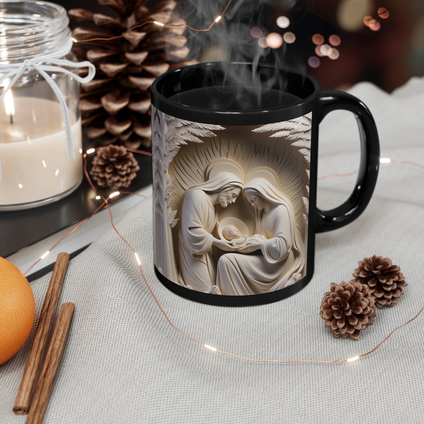 Christmas strong glossy black mug with 3D stone-look nativity scene of Mary, Joseph, and baby Jesus