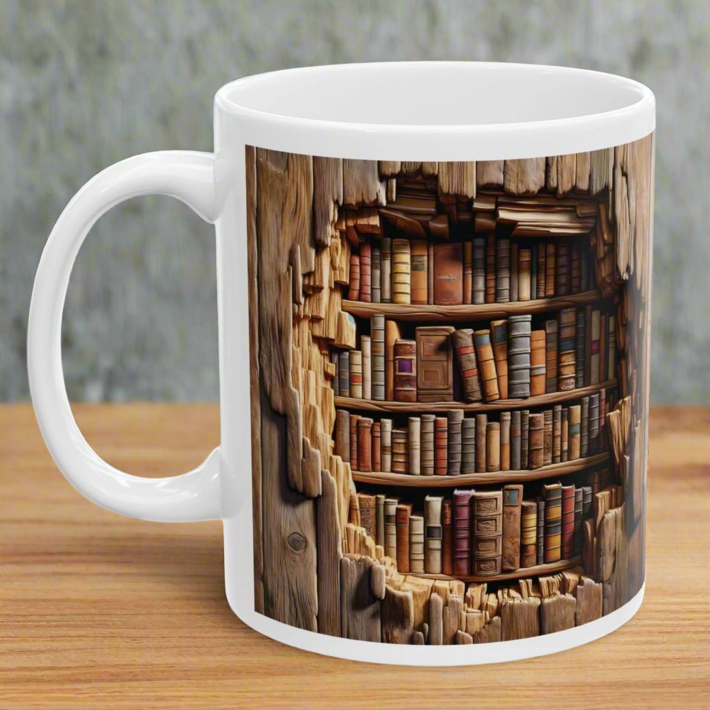 Book Lover Ceramic Cup Coffee Mug - 3D Wood Library Image - Mugscity 23