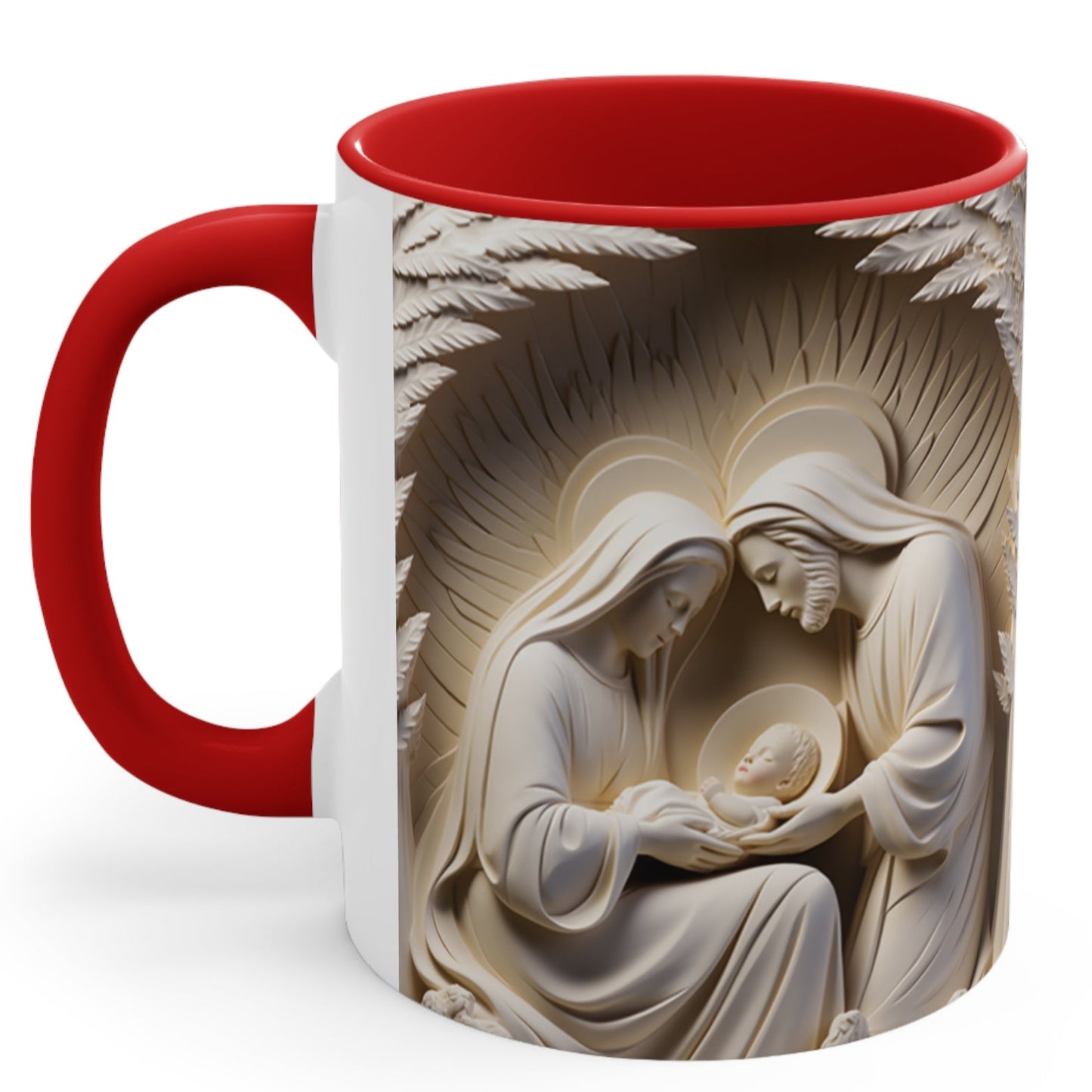Christmas mug with 3D stone-look nativity scene of Mary, Joseph, and baby Jesus