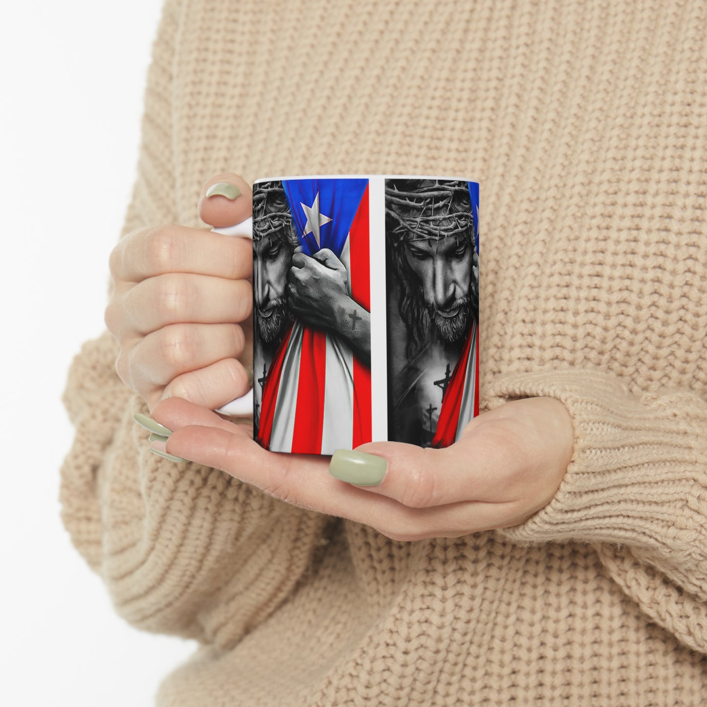 JESUS HUGGING PUERTO RICAN FLAG MUG - WHITE - MUGSCITY - Free Shipping