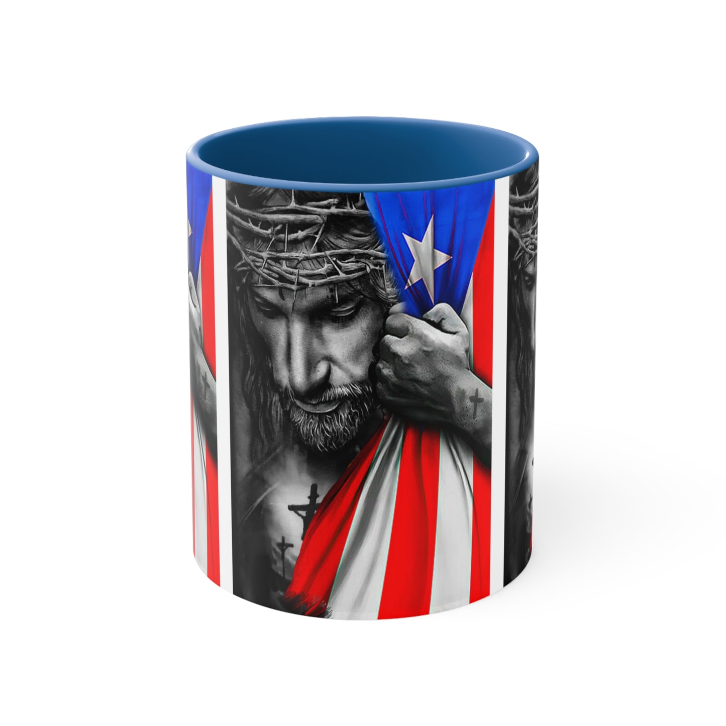 JESUS HUGGING PR FLAG MUG - Red, Black, Blue, Navy Accents - MUGSCITY - Free Shipping