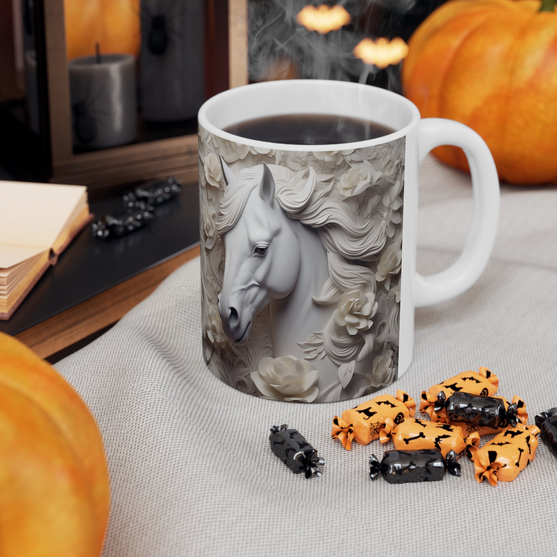 Elegant white ceramic mug featuring a majestic white horse surrounded by delicate white flowers. 11oz, microwave and dishwasher safe.