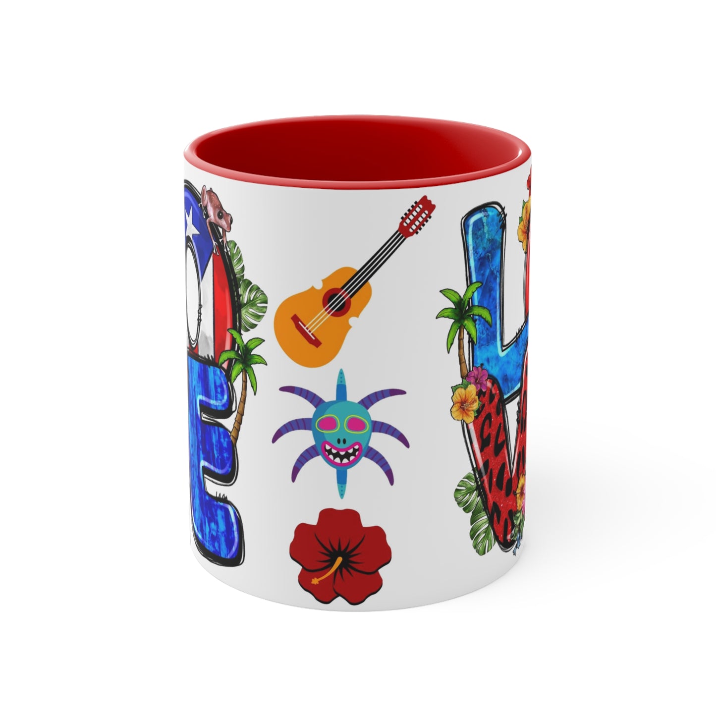 LOVE PUERTO RICO Mug with Puerto Rican Elements - Mugscity - Free Shipping - Available with Red, Blue or Black Accents