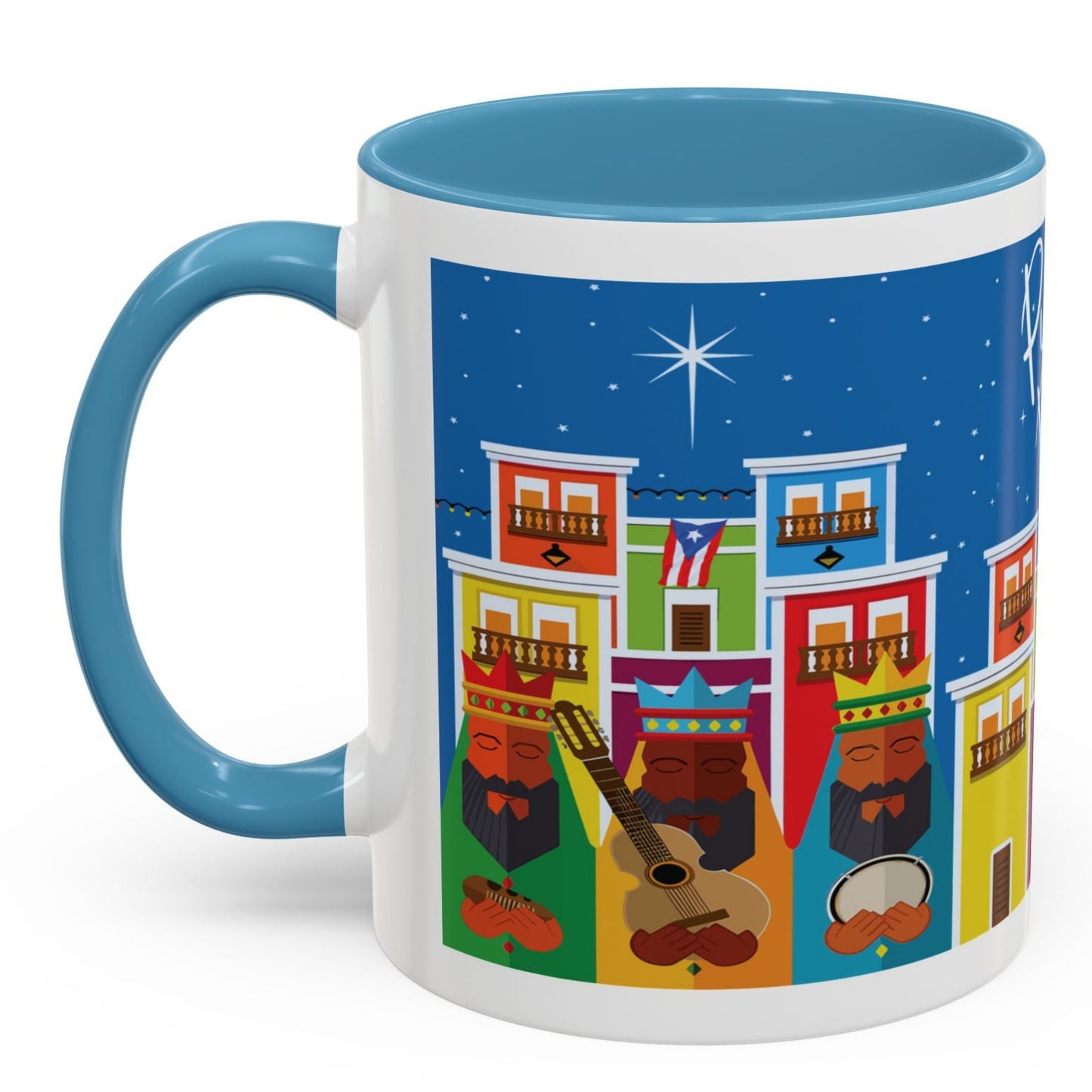 THREE KINGS IN OLD SAN JUAN COFFEE MUG TAZA TRES REYES MAGOS EN SAN JUAN. ASA E INTERIOR AZUL. BLUE ACCENTS.