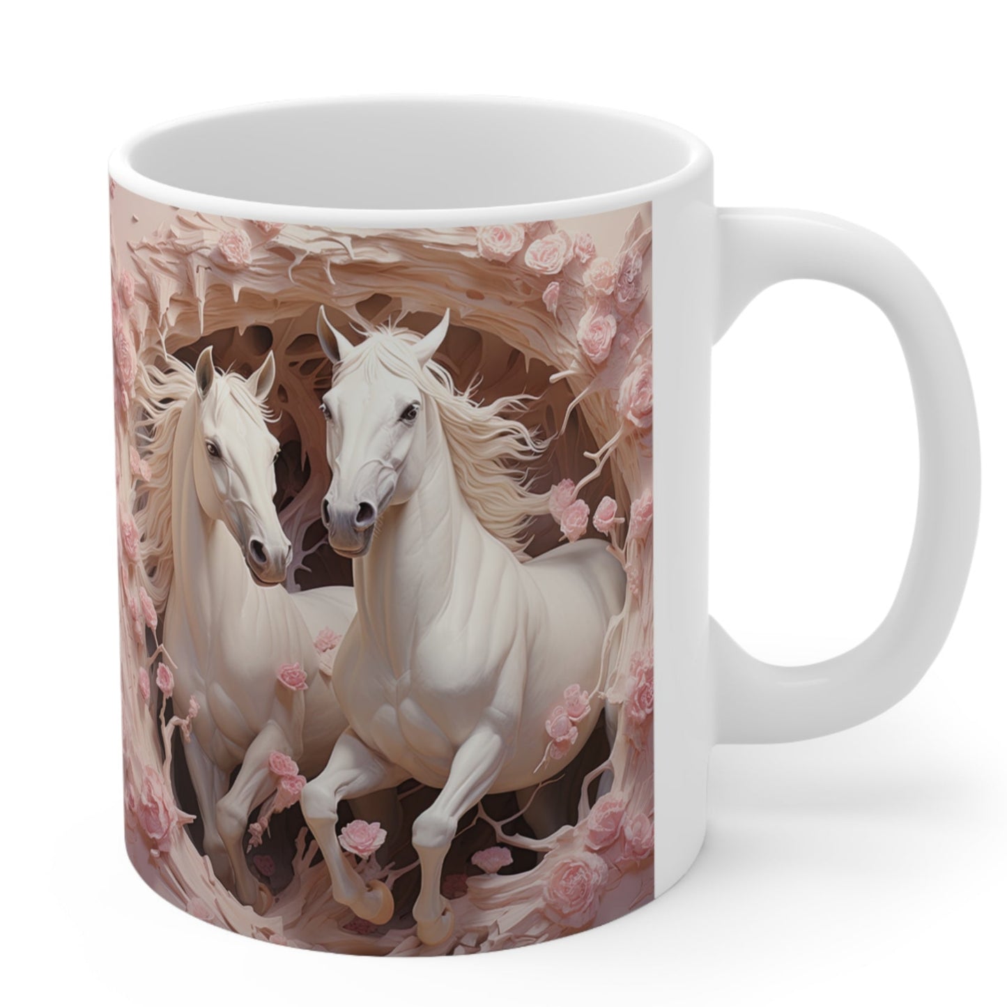 White ceramic mug with a stunning 3D design of two white horses surrounded by delicate pink roses. 11oz, microwave and dishwasher safe.
