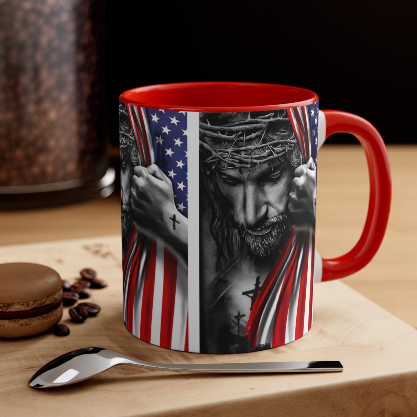 JESUS HUGGING USA FLAG MUG - Red- Navy-Black Accents - MUGSCITY - Free Shipping