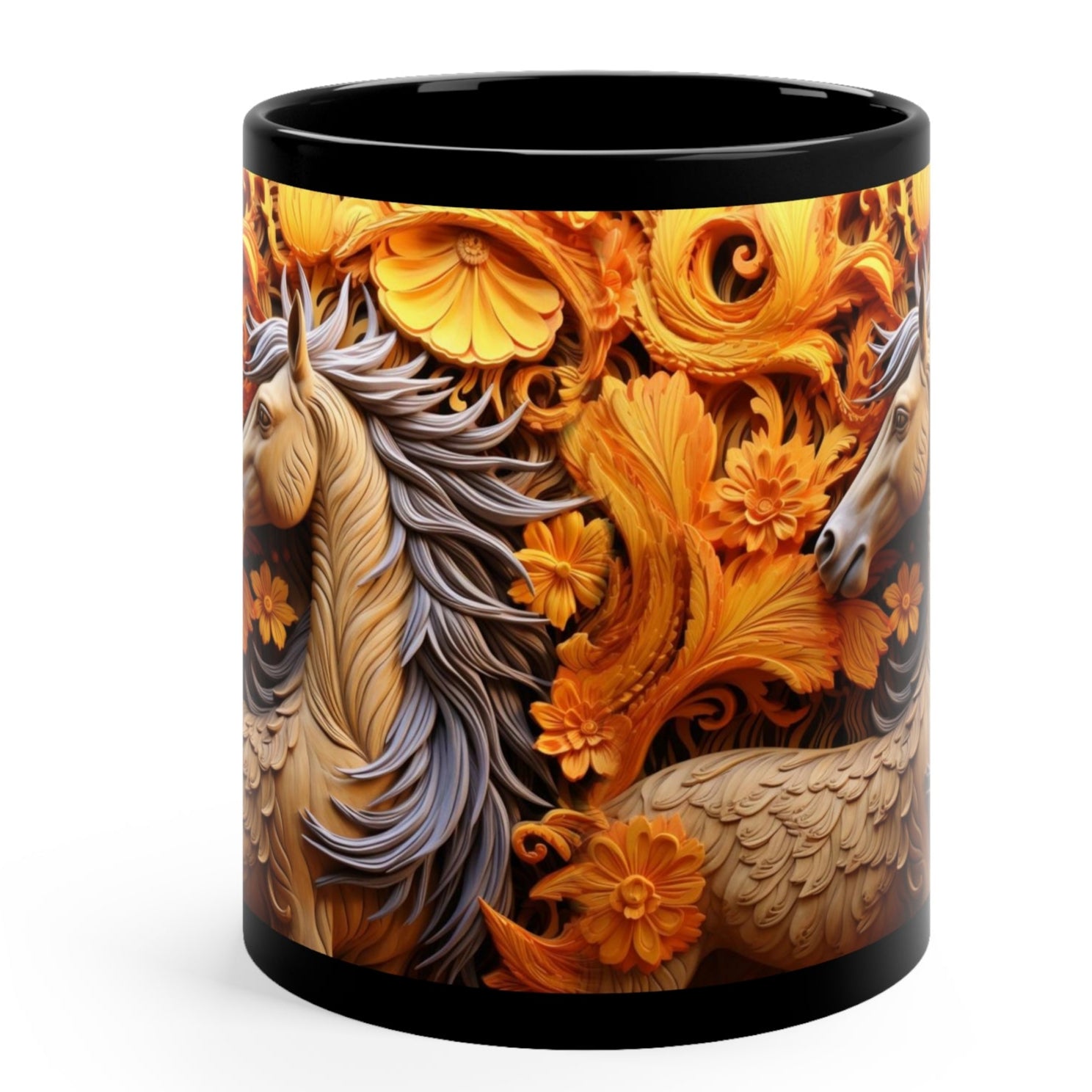Glossy black ceramic mug featuring a sculpted-style tan horse with flowing gray mane and ornate golden floral background. 11oz, microwave and dishwasher safe.