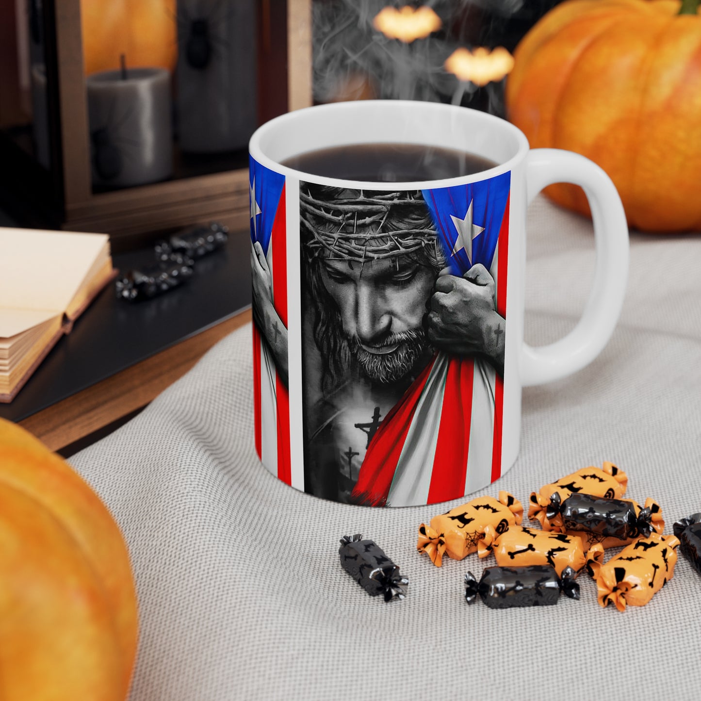 JESUS HUGGING PUERTO RICAN FLAG MUG - WHITE - MUGSCITY - Free Shipping